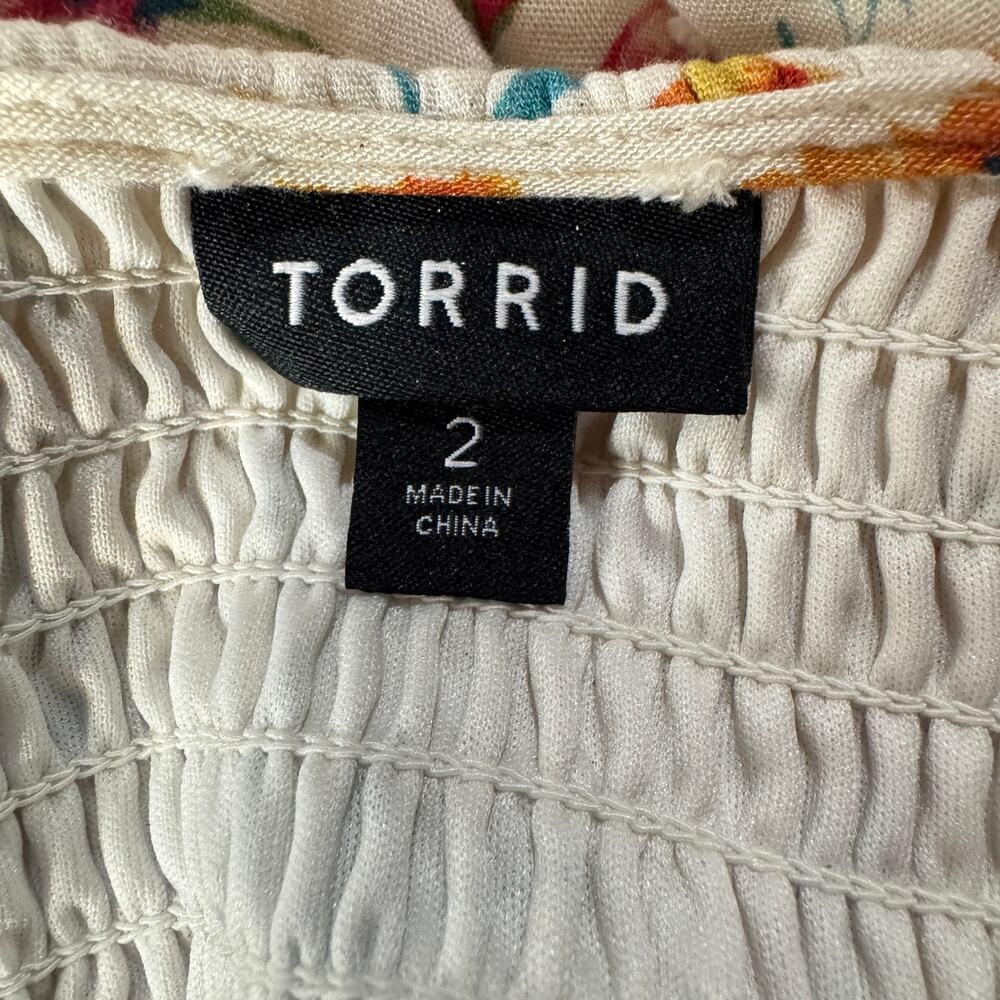 Torrid SZ 2 (2X-Large) Swiss Dot Midi Shirred Carrie Dress Floral V-Neck Lined - Picture 10 of 13